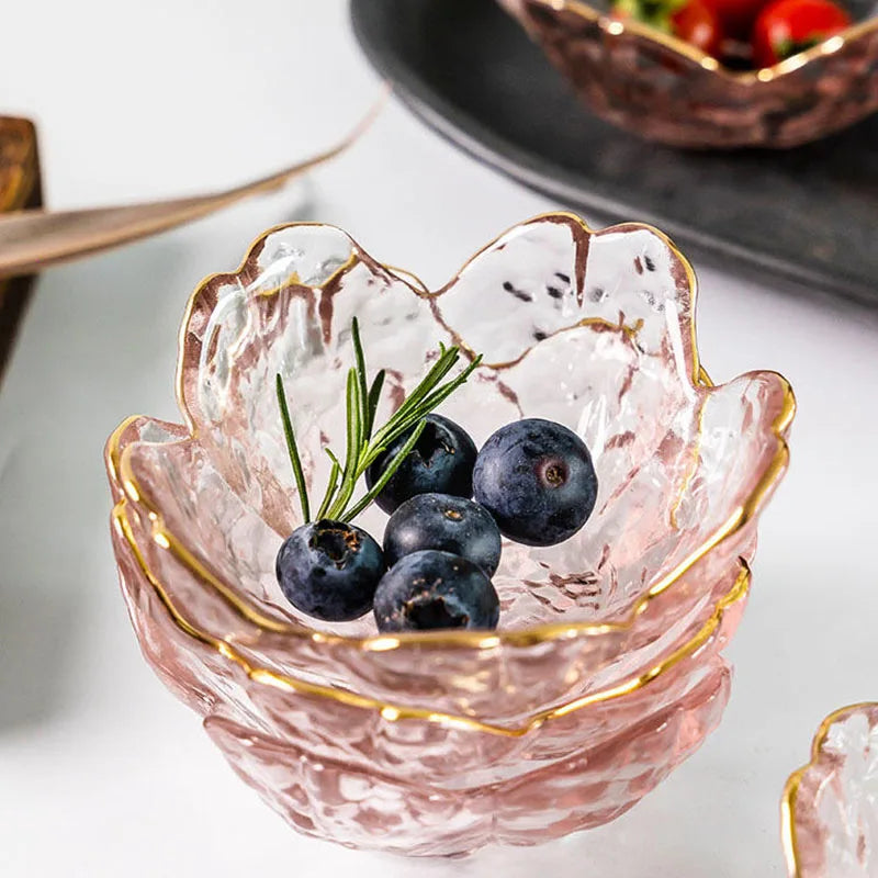 3pcs Cherry Blossom Sauce Dishes – Elegant Glass Bowls with Gold Inlay