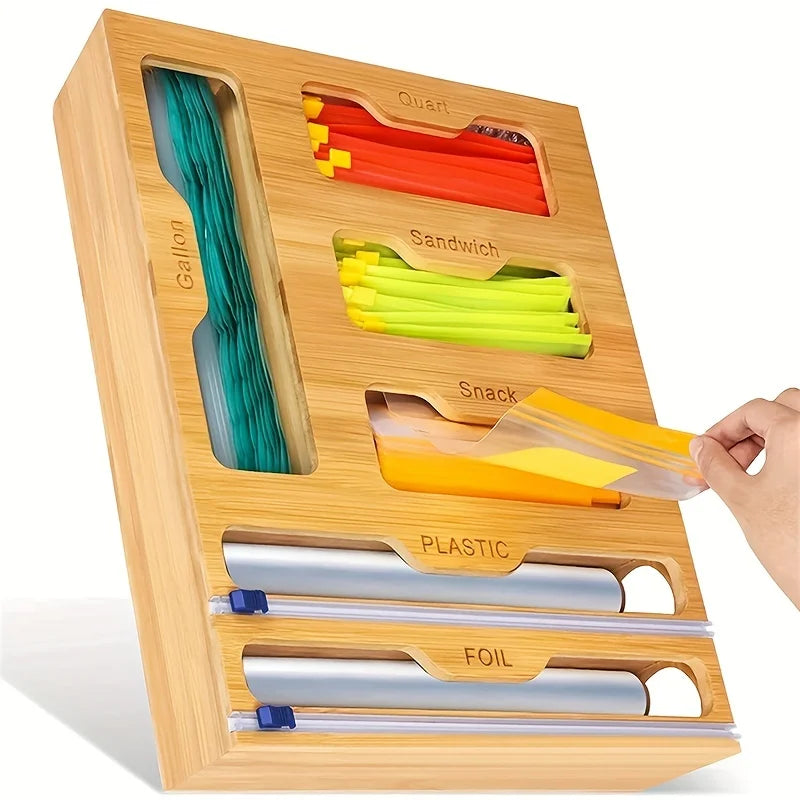 Bamboo Plastic Wrap Dispenser & Kitchen Storage Shelf – Ziplock Bag and Foil Organizer