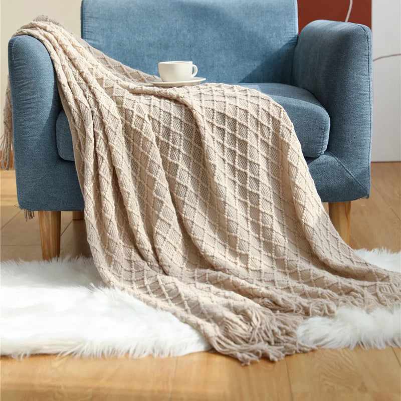 Nordic Faux Cashmere Sofa Blanket – Knit Plaid Throw with Tassels for Spring & Summer