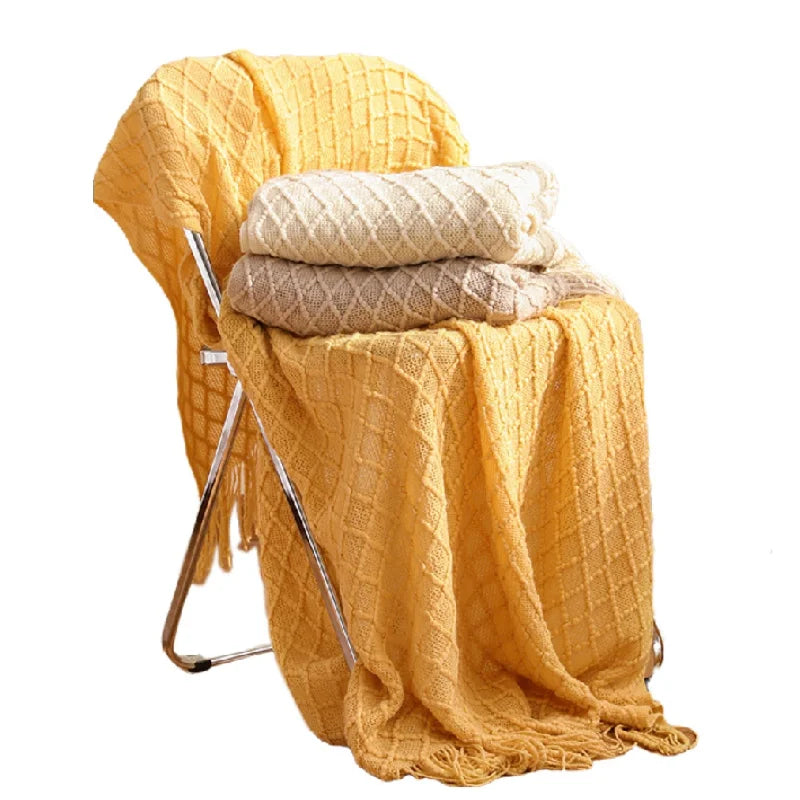 Nordic Faux Cashmere Sofa Blanket – Knit Plaid Throw with Tassels for Spring & Summer