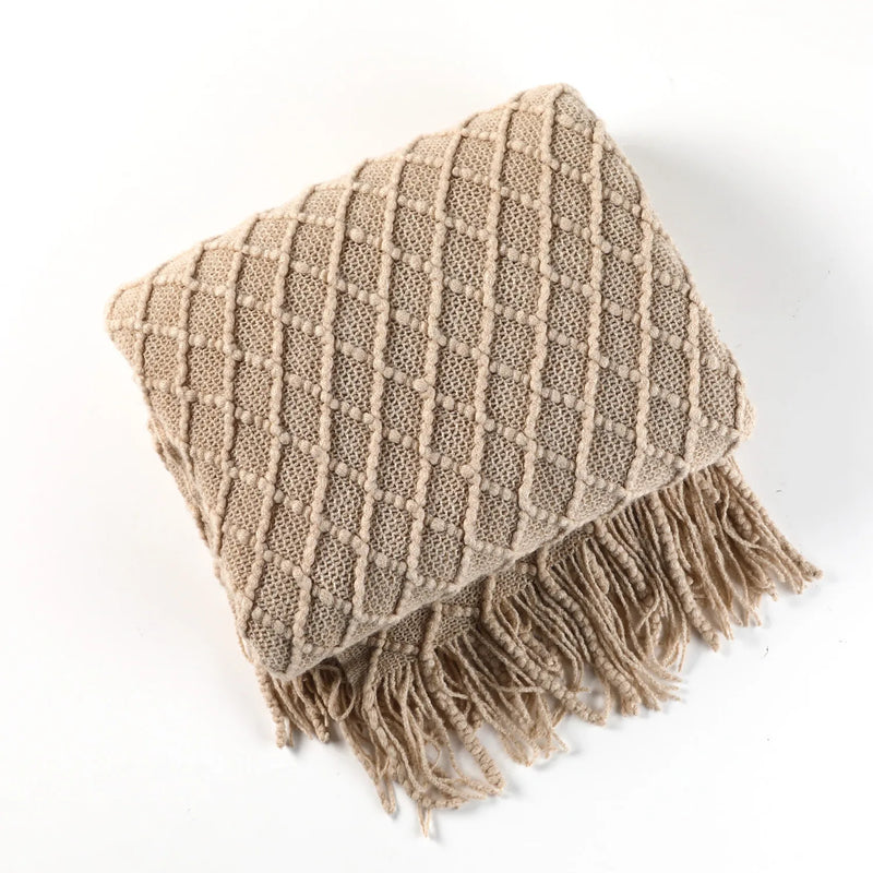 Nordic Faux Cashmere Sofa Blanket – Knit Plaid Throw with Tassels for Spring & Summer