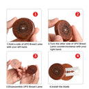 Instruction diagram showing four steps for installing a UFO bread lame: holding the round wooden tool, turning it, disassembling it, and inserting a small metal blade. The steps are numbered 1 through 4 with red circle markers on a light gray background.