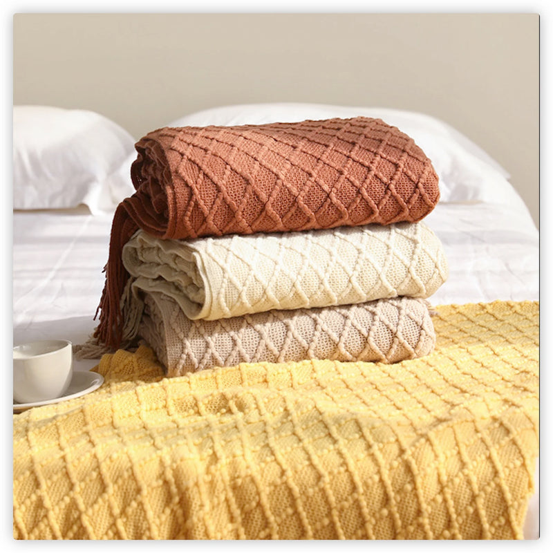 Nordic Faux Cashmere Sofa Blanket – Knit Plaid Throw with Tassels for Spring & Summer