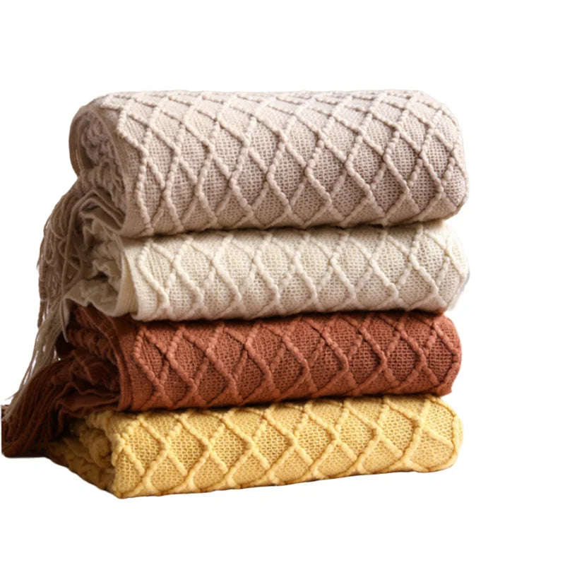 Nordic Faux Cashmere Sofa Blanket – Knit Plaid Throw with Tassels for Spring & Summer