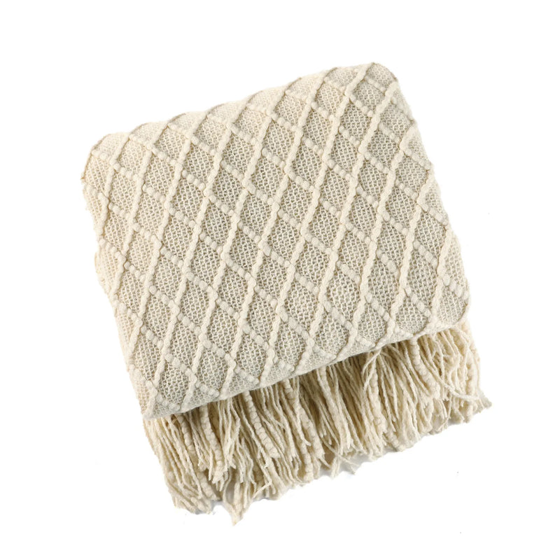 Nordic Faux Cashmere Sofa Blanket – Knit Plaid Throw with Tassels for Spring & Summer