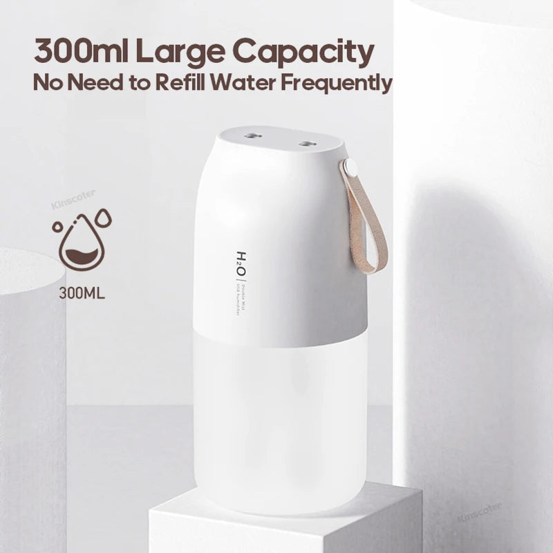 Portable Double Mist Air Humidifier – 300ml Cold Mist Diffuser 2000mAh Battery, USB Air Freshener