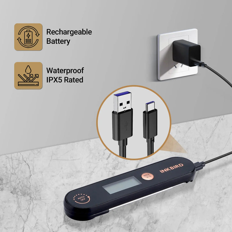 INKBIRD IHT-1X Meat Thermometer – Waterproof, Rechargeable Digital Thermometer with Foldable Probes