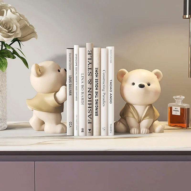 Bear Bookend Figurines – Cream Resin Decor for Living Room, Bookcase, or Birthday Gift