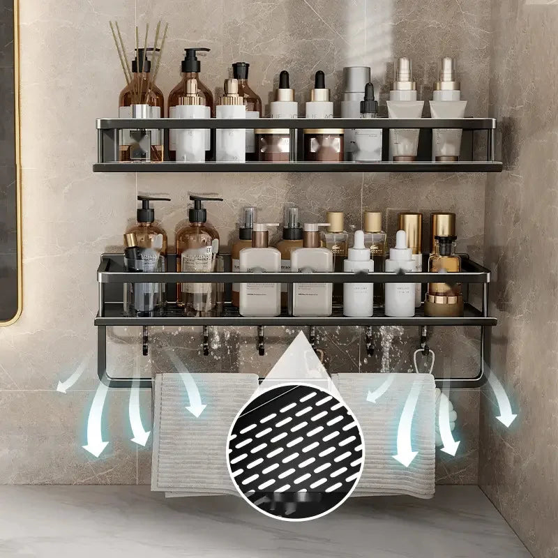 Black Wall-Mounted Bathroom Storage Rack – Single Tier Toiletries Shelf