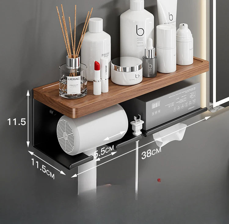 Wooden Hairdryer Holder – Wall Mounted Hair Tools Organizer for Bathroom, Bedroom, or Dressing Table