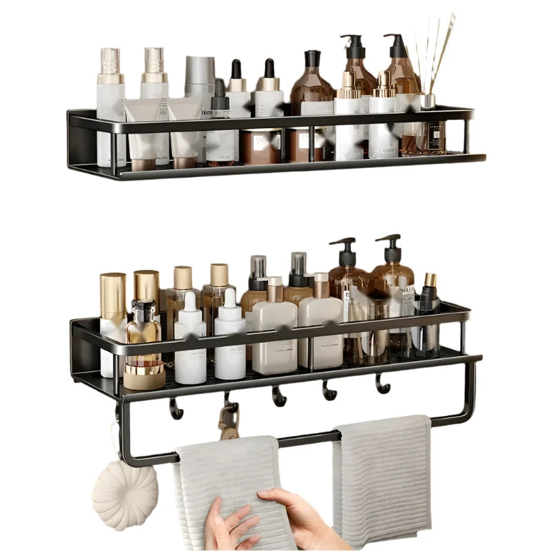 Black Wall-Mounted Bathroom Storage Rack – Single Tier Toiletries Shelf