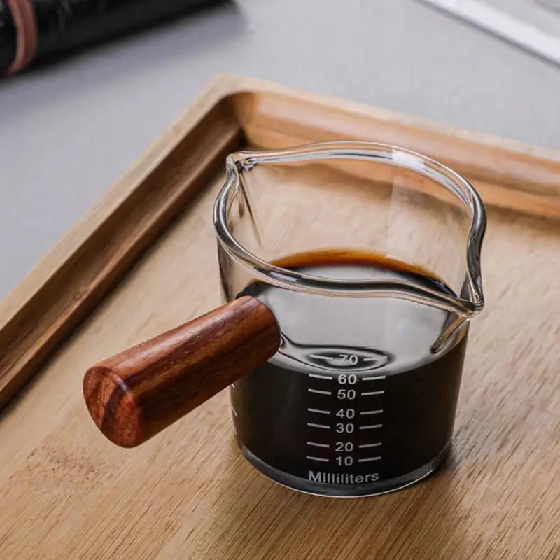 Wood Handle Glass Espresso Measuring Cup – Double/Single Mouth Milk Jug for Coffe