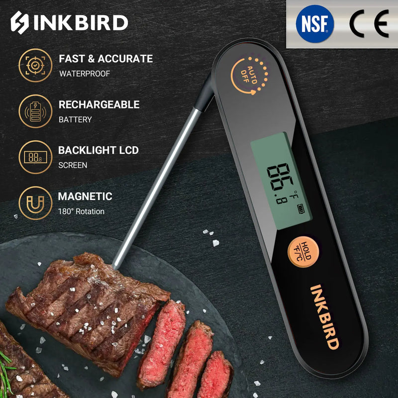 INKBIRD IHT-1X Meat Thermometer – Waterproof, Rechargeable Digital Thermometer with Foldable Probes