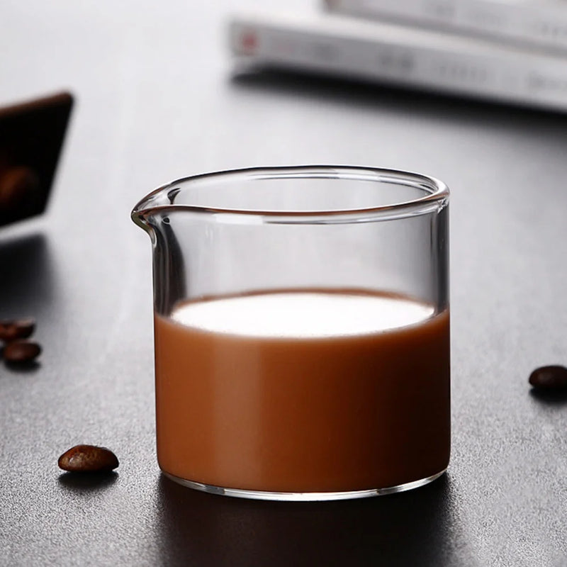 Wood Handle Glass Espresso Measuring Cup – Double/Single Mouth Milk Jug for Coffe