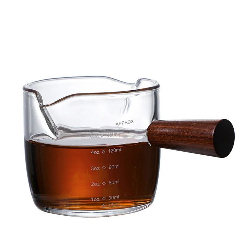 Wood Handle Glass Espresso Measuring Cup – Double/Single Mouth Milk Jug for Coffe