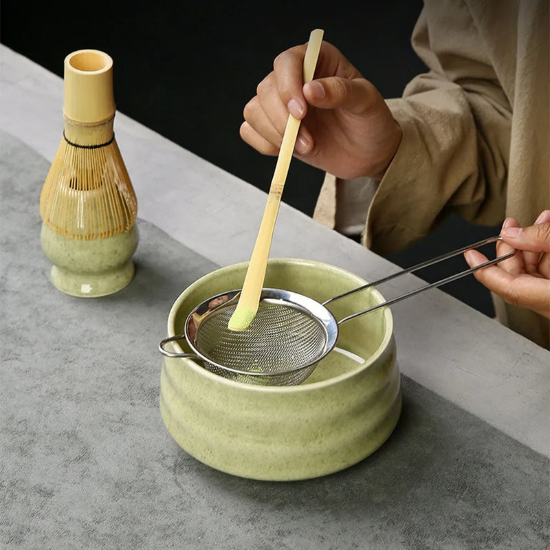 Japanese Matcha Tea Ceremony Set | Natural Bamboo Whisk & Pottery Bowl