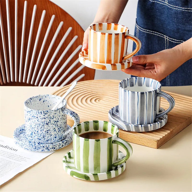 Minimalist Hand-Drawn Striped Ceramic Cup and Plate Set - 280ml/9.5oz