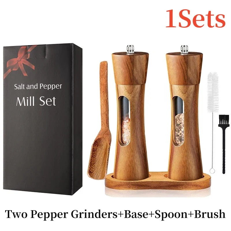 Premium Wooden Salt and Pepper Grinder Set with Base