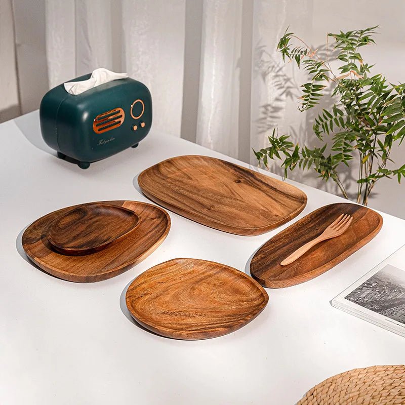 Solid Wood Irregular Oval Serving Tray – Stylish Wooden Dinner Plate for Home Decoration
