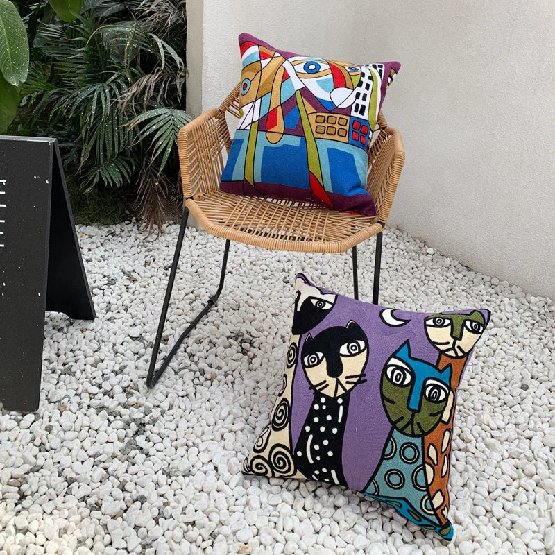 Picasso Embroidered Throw Pillowcase – Abstract Cotton Cushion Cover for Modern Decor