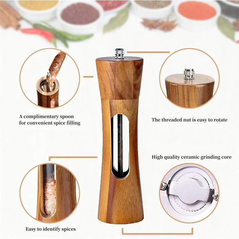 8" Wooden Salt and Pepper Grinder Set with Base | Premium Kitchen Mills