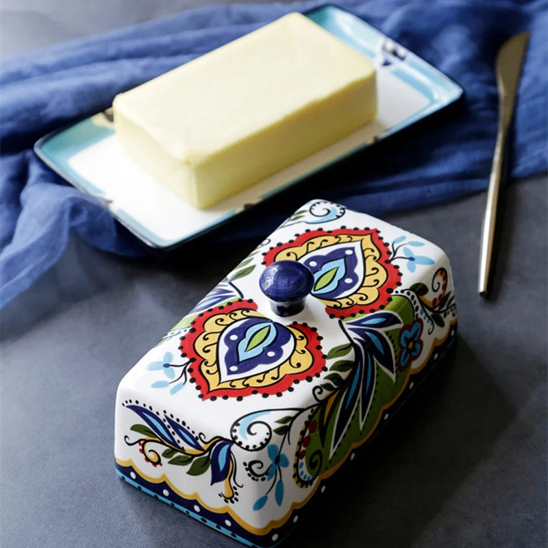Hand-Painted Ceramic Butter Dish with Lid – Butter Keeper Holder for Countertop & Refrigerator Shelf