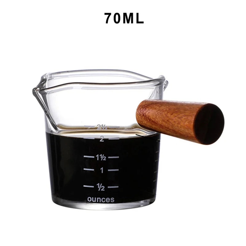 Wood Handle Glass Espresso Measuring Cup – Double/Single Mouth Milk Jug for Coffe