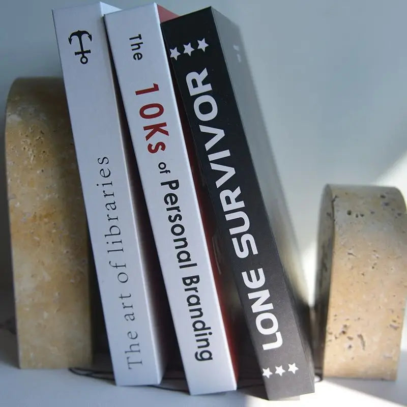Retro Natural Stone Bookends – Luxury Vintage Beige Travertine Book Stand Holder for Home Decoration