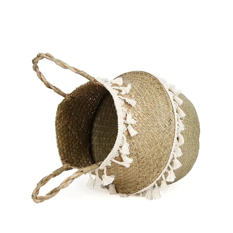 Boho Decor Wicker Baskets – Handmade Tassel Storage and Decorative Seagrass Belly Baskets