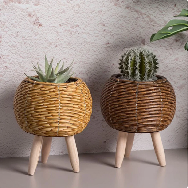 Vintage Handmade Rattan Flower Pot Basket - Desktop Planter
