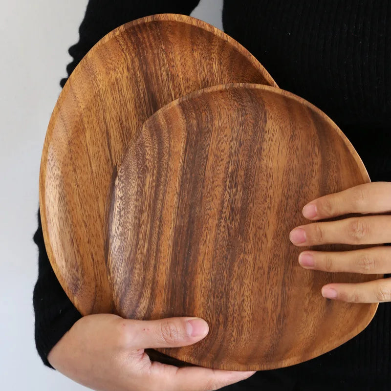 Solid Wood Irregular Oval Serving Tray – Stylish Wooden Dinner Plate for Home Decoration
