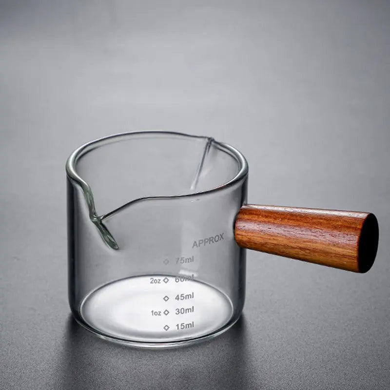 Wood Handle Glass Espresso Measuring Cup – Double/Single Mouth Milk Jug for Coffe