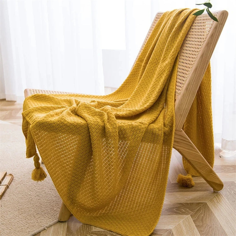 Chunky Knit Blanket for Bed, Sofa, and Couch – Waffle Embossed Throw with Tassels
