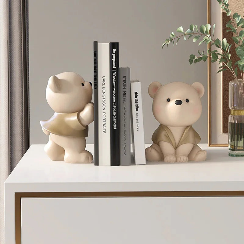 Bear Bookend Figurines – Cream Resin Decor for Living Room, Bookcase, or Birthday Gift