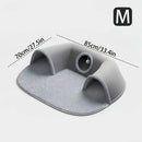 A gray pet climbing tree bed with two arches and a circular tunnel, shown with dimension lines and text indicating measurements and fit for pets up to 7kg.