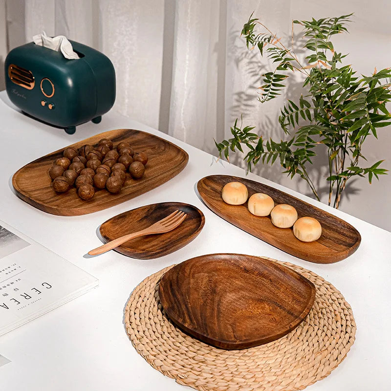 Solid Wood Irregular Oval Serving Tray – Stylish Wooden Dinner Plate for Home Decoration