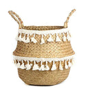 Boho Decor Wicker Baskets – Handmade Tassel Storage and Decorative Seagrass Belly Baskets