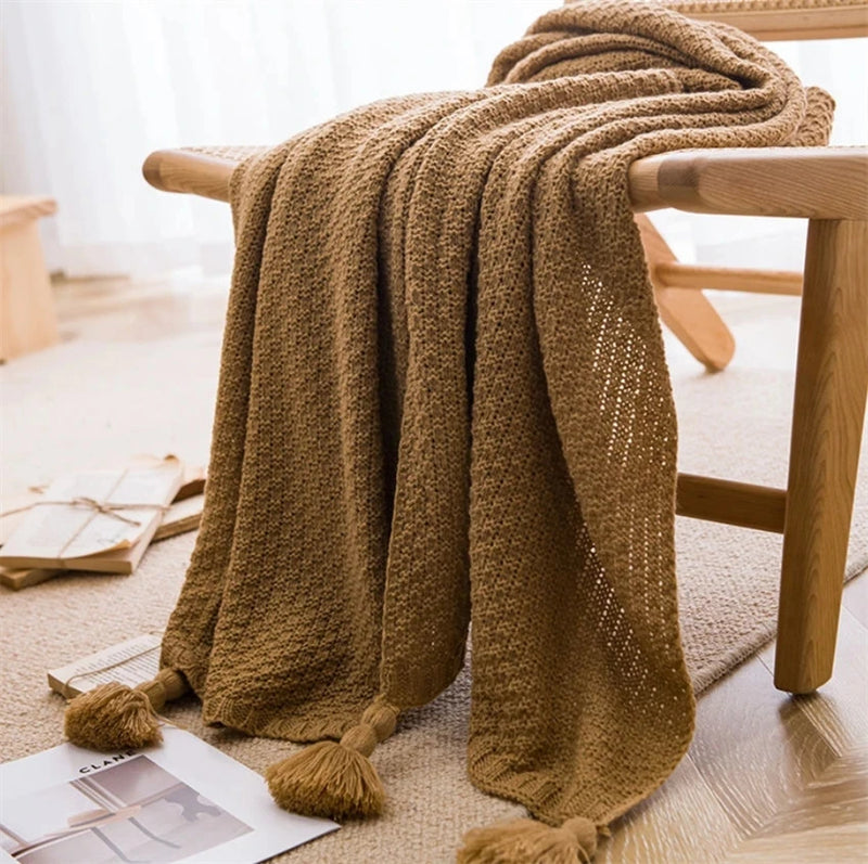 Chunky Knit Blanket for Bed, Sofa, and Couch – Waffle Embossed Throw with Tassels
