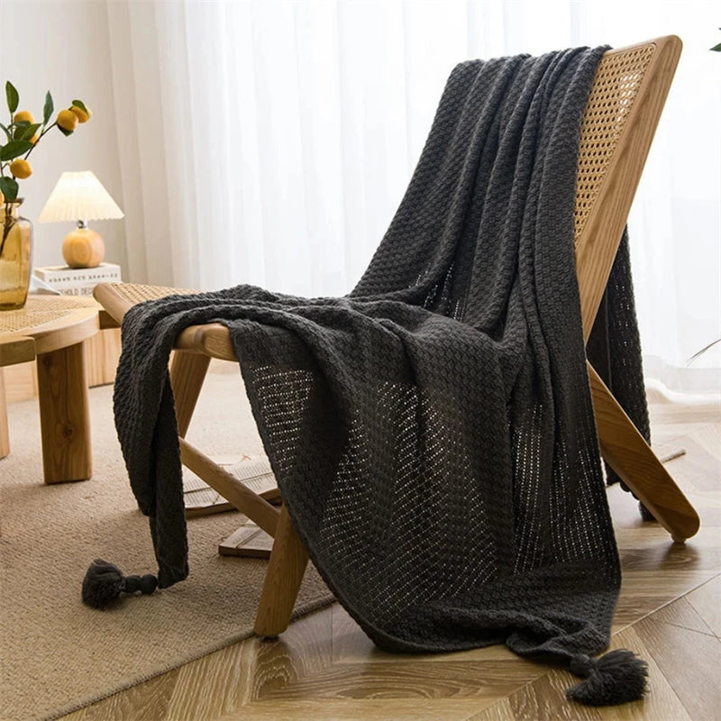 Chunky Knit Blanket for Bed, Sofa, and Couch – Waffle Embossed Throw with Tassels