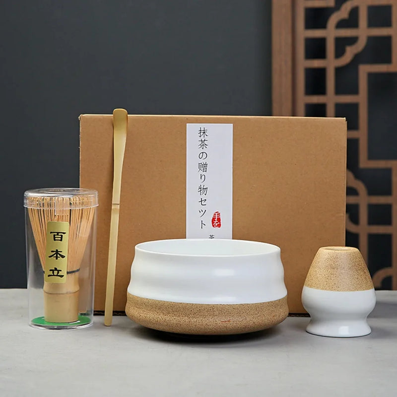 Japanese Matcha Tea Ceremony Set | Natural Bamboo Whisk & Pottery Bowl