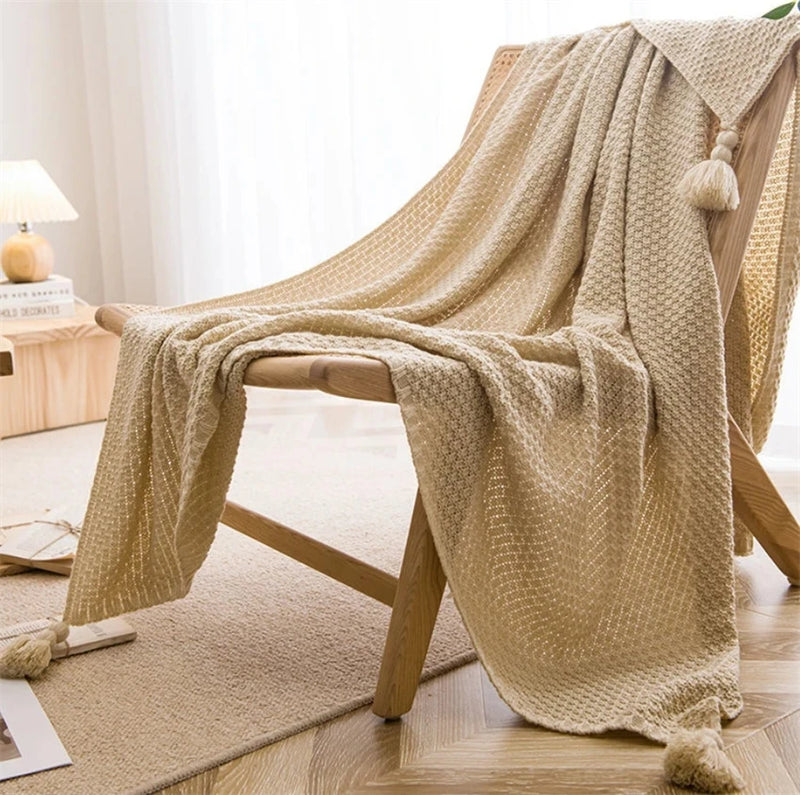 Chunky Knit Blanket for Bed, Sofa, and Couch – Waffle Embossed Throw with Tassels