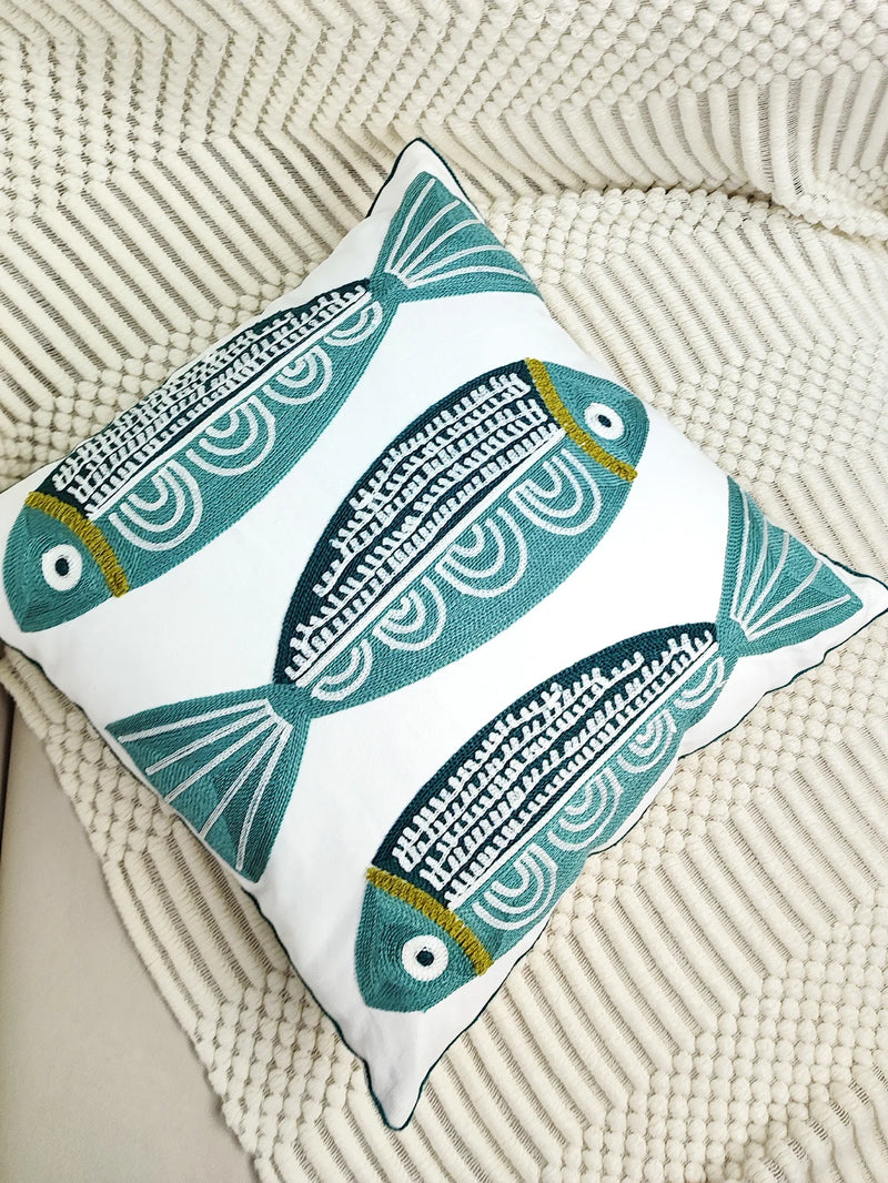 Blue Fish Embroidered Cushion Cover – Elegant Coastal Home Accent