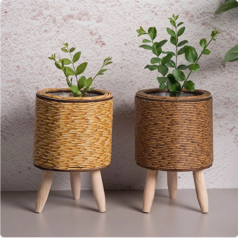 Vintage Handmade Rattan Flower Pot Basket - Desktop Planter