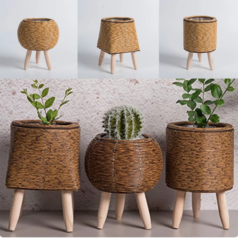 Vintage Handmade Rattan Flower Pot Basket - Desktop Planter