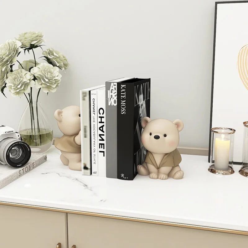 Bear Bookend Figurines – Cream Resin Decor for Living Room, Bookcase, or Birthday Gift