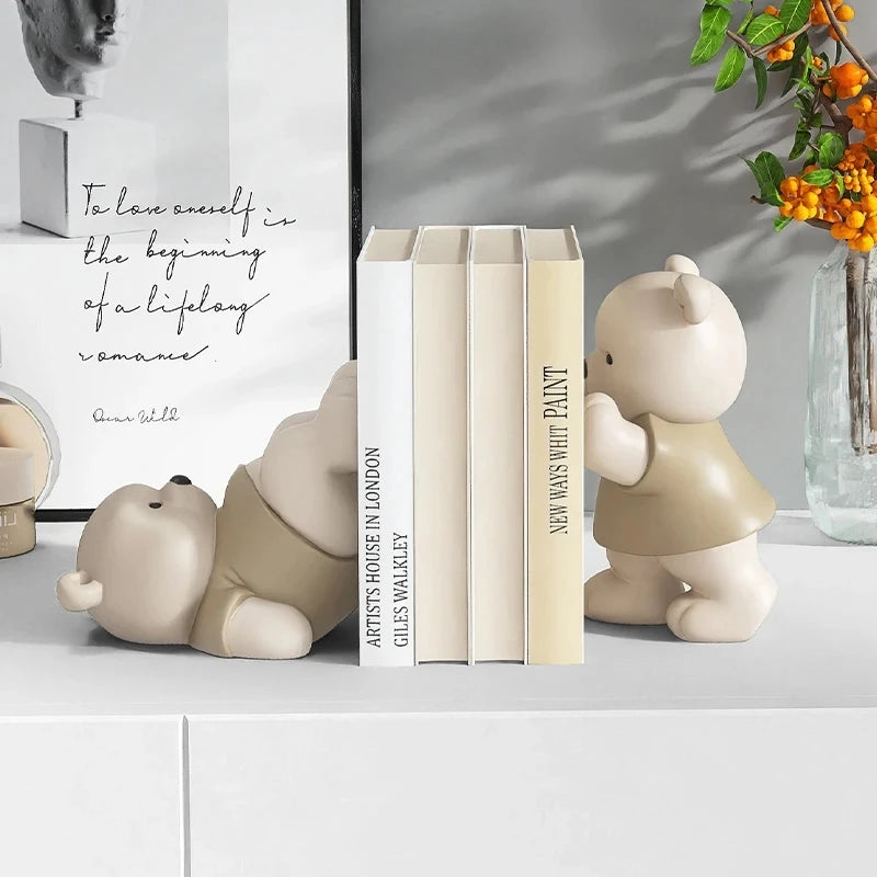 Bear Bookend Figurines – Cream Resin Decor for Living Room, Bookcase, or Birthday Gift