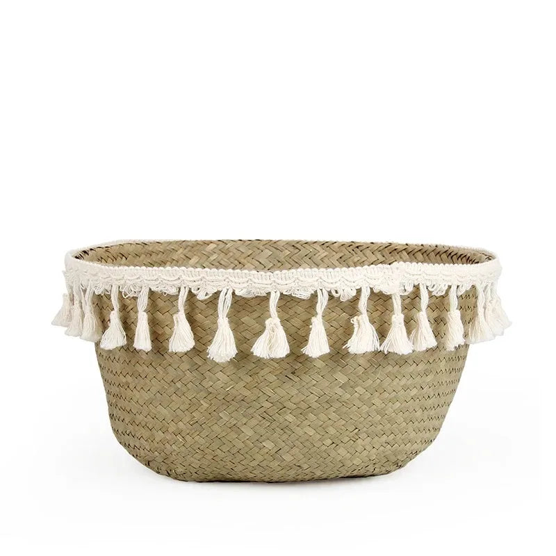 Boho Decor Wicker Baskets – Handmade Tassel Storage and Decorative Seagrass Belly Baskets