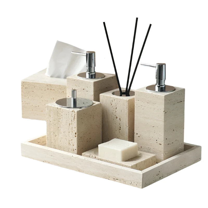 Travertine Bathroom Accessories Set – Natural Marble Soap Dispenser, Soap Dish, Reed Diffuser, Tray