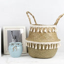 Boho Decor Wicker Baskets – Handmade Tassel Storage and Decorative Seagrass Belly Baskets