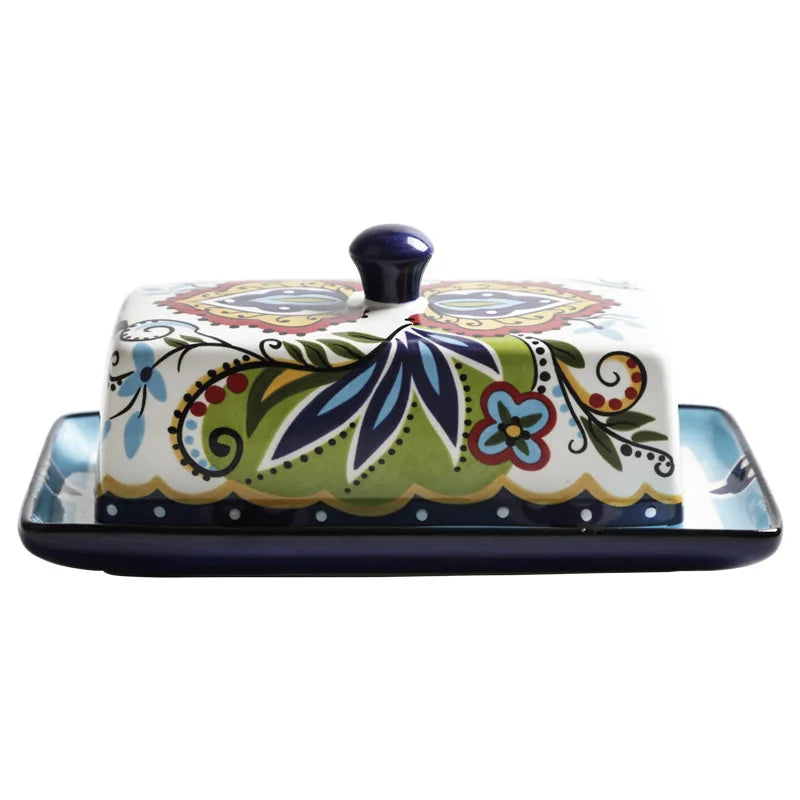 Hand-Painted Ceramic Butter Dish with Lid – Butter Keeper Holder for Countertop & Refrigerator Shelf